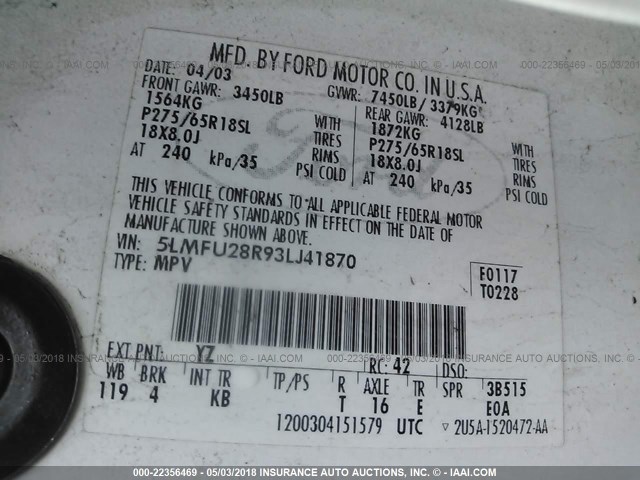 5LMFU28R93LJ41870 - 2003 LINCOLN NAVIGATOR WHITE photo 9