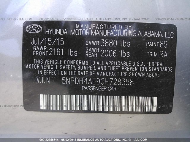 5NPDH4AE9GH728358 - 2016 HYUNDAI ELANTRA SE/SPORT/LIMITED GRAY photo 9