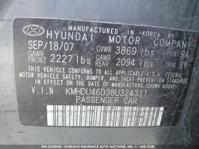 KMHDU46D38U324311 - 2008 HYUNDAI ELANTRA GLS/SE/LIMITED GRAY photo 9