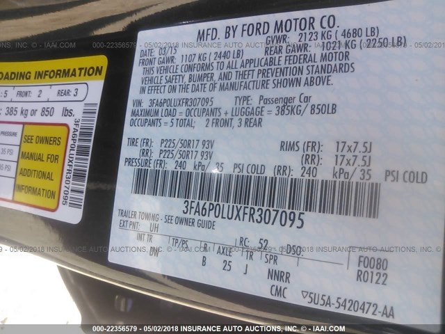 3FA6P0LUXFR307095 - 2015 FORD FUSION SE HYBRID BLACK photo 9