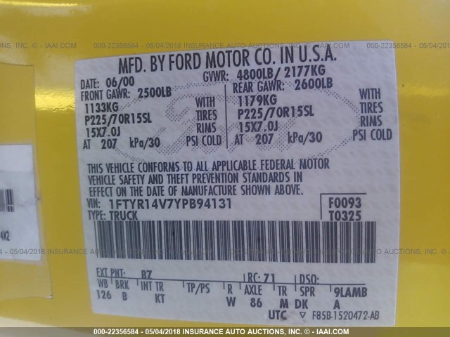 1FTYR14V7YPB94131 - 2000 FORD RANGER SUPER CAB YELLOW photo 9