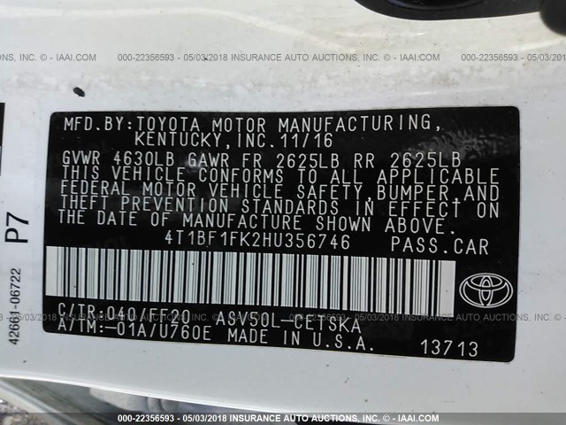 4T1BF1FK2HU356746 - 2017 TOYOTA CAMRY LE/XLE/SE/XSE WHITE photo 9