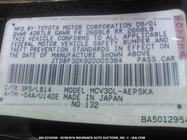 JTDBF32K920005384 - 2002 TOYOTA CAMRY LE/XLE/SE PURPLE photo 9