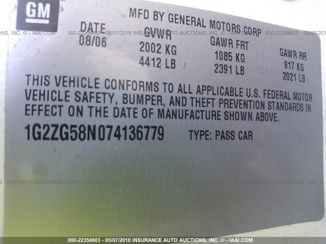 1G2ZG58N074136779 - 2007 PONTIAC G6 SE WHITE photo 9