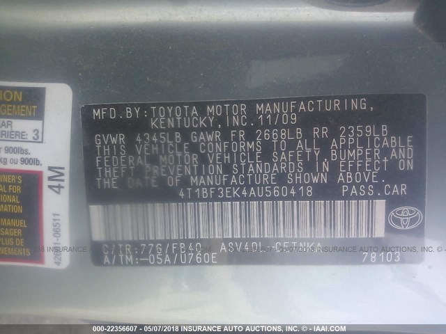 4T1BF3EK4AU560418 - 2010 TOYOTA CAMRY SE/LE/XLE 绿色 照片 9