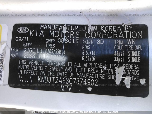 KNDJT2A63C7374902 - 2012 KIA SOUL +/!/SPORT SILVER photo 9