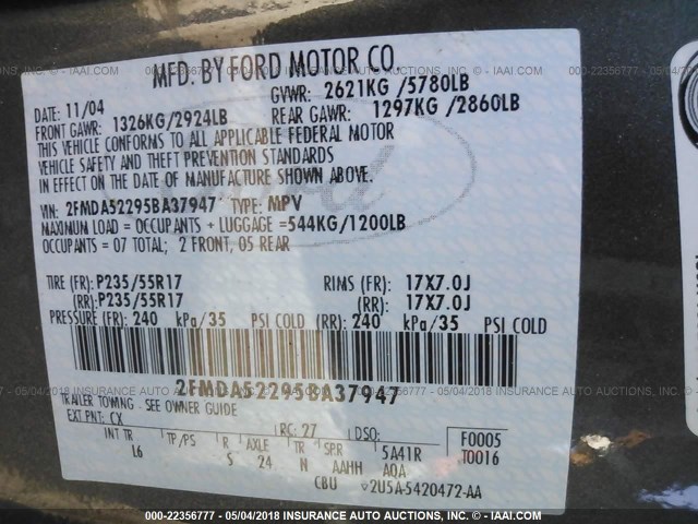 2FMDA52295BA37947 - 2005 FORD FREESTAR SEL GRAY photo 9