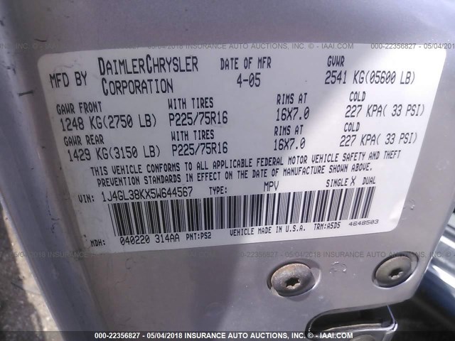 1J4GL38KX5W644567 - 2005 JEEP LIBERTY RENEGADE SILVER photo 9