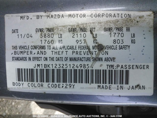 JM1BK123251249854 - 2005 MAZDA 3 S GRAY photo 9