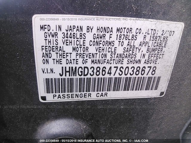 JHMGD38647S038678 - 2007 HONDA FIT S GRAY photo 9