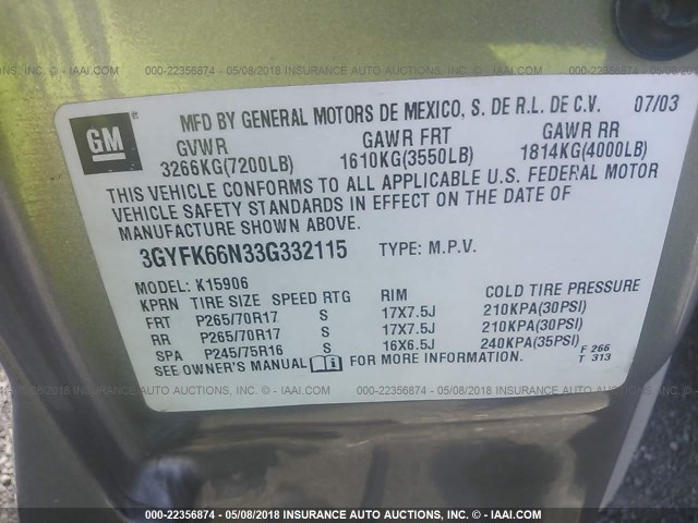 3GYFK66N33G332115 - 2003 CADILLAC ESCALADE ESV GOLD photo 9