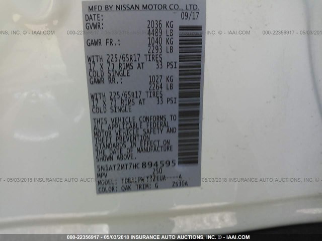 5N1AT2MT7HC894595 - 2017 NISSAN ROGUE S/SL WHITE photo 9