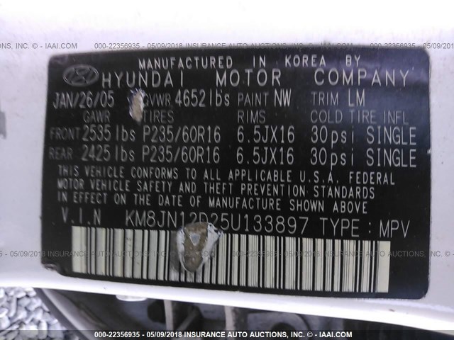 KM8JN12D25U133897 - 2005 HYUNDAI TUCSON GLS/LX WHITE photo 9