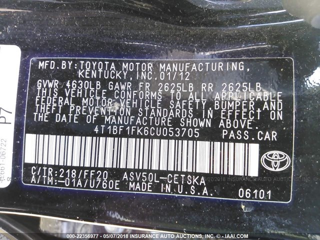 4T1BF1FK6CU053705 - 2012 TOYOTA CAMRY SE/LE/XLE Қара фото 9