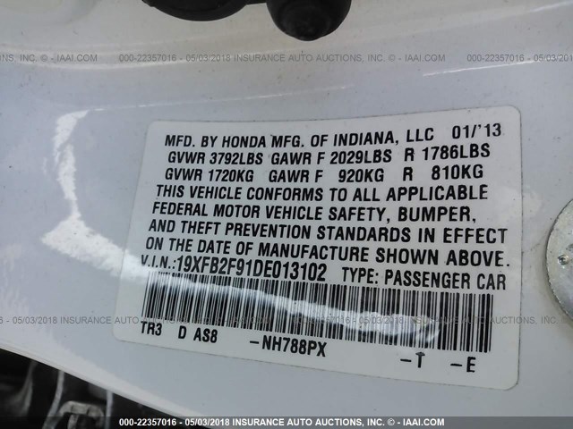 19XFB2F91DE013102 - 2013 HONDA CIVIC EXL WHITE photo 9