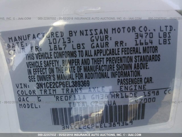 3N1CE2CP6EL389369 - 2014 NISSAN VERSA NOTE S/S PLUS/SV/SL WHITE photo 9