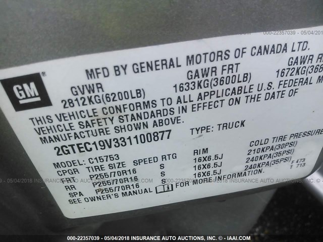 2GTEC19V331100877 - 2003 GMC NEW SIERRA C1500 SILVER photo 9