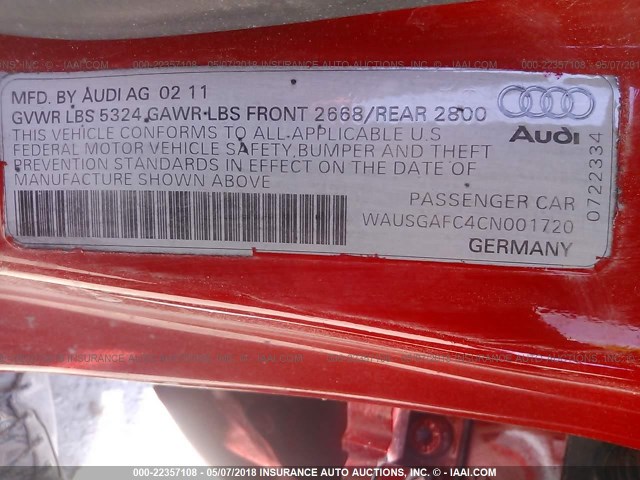 WAUSGAFC4CN001720 - 2012 AUDI A7 PRESTIGE RED photo 9