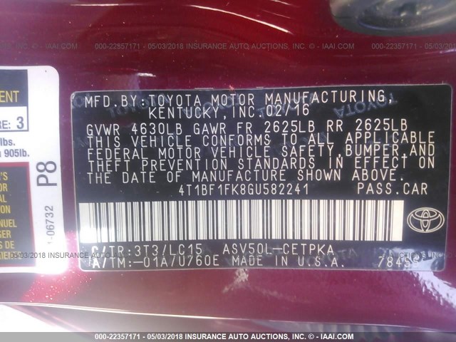 4T1BF1FK8GU582241 - 2016 TOYOTA CAMRY LE/XLE/SE/XSE RED photo 9