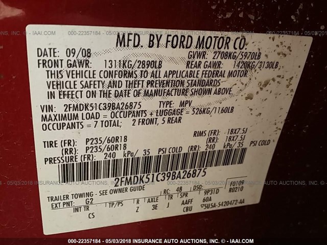 2FMDK51C39BA26875 - 2009 FORD FLEX SE RED photo 9