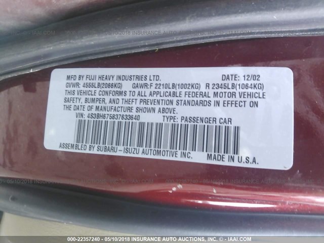 4S3BH675837633640 - 2003 SUBARU LEGACY OUTBACK AWP 栗色 照片 9