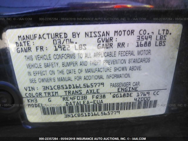 3N1CB51D16L565779 - 2006 NISSAN SENTRA 1.8/1.8S BLACK photo 9