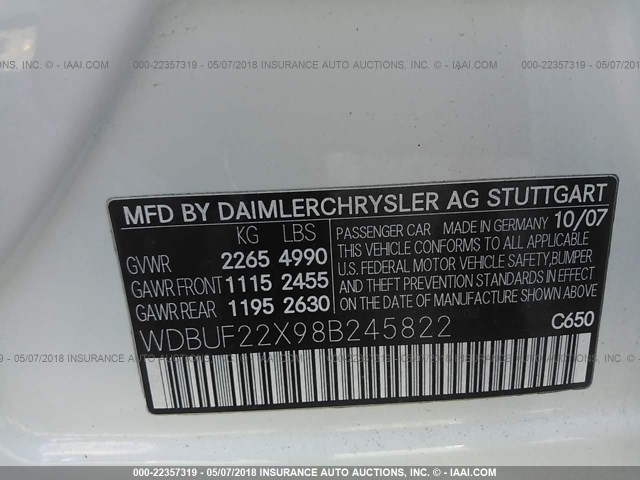 WDBUF22X98B245822 - 2008 MERCEDES-BENZ E 320 CDI WHITE photo 9