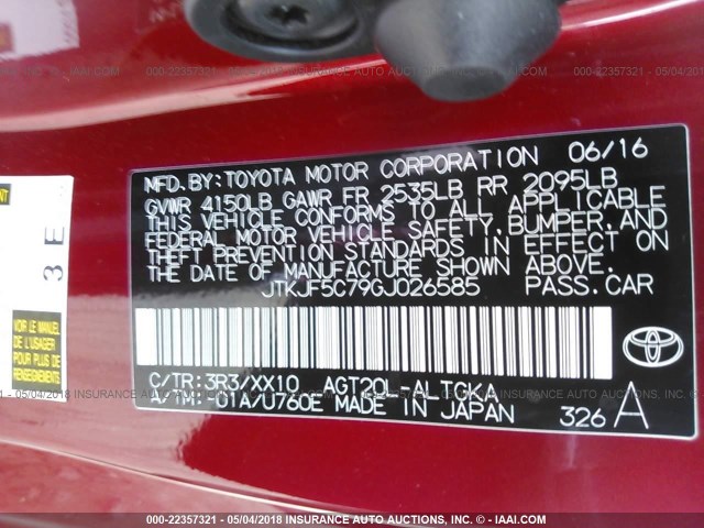 JTKJF5C79GJ026585 - 2016 TOYOTA SCION TC 红色 照片 9