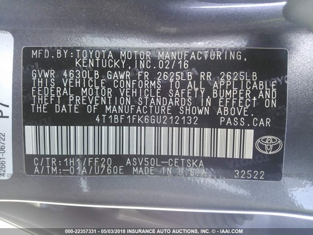 4T1BF1FK6GU212132 - 2016 TOYOTA CAMRY LE/XLE/SE/XSE GRAY photo 9