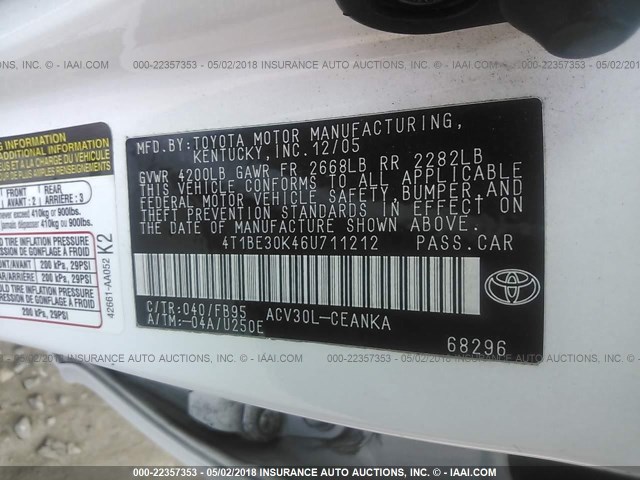 4T1BE30K46U711212 - 2006 TOYOTA CAMRY LE/XLE/SE Ақ фото 9