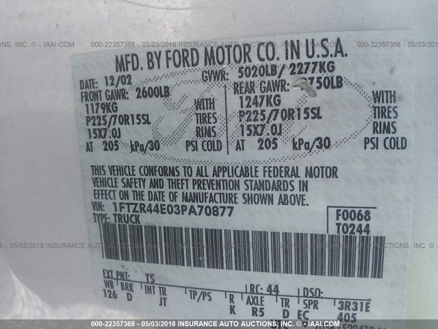 1FTZR44E03PA70877 - 2003 FORD RANGER SUPER CAB SILVER photo 9