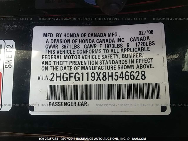 2HGFG119X8H546628 - 2008 HONDA CIVIC EXL BLACK photo 9