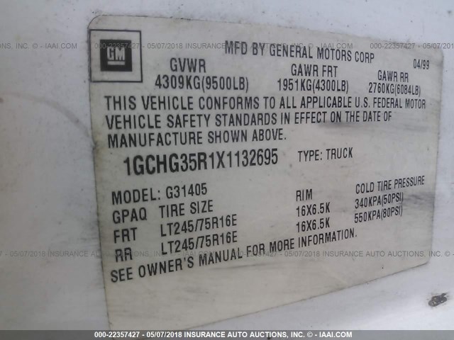 1GCHG35R1X1132695 - 1999 CHEVROLET EXPRESS G3500  WHITE photo 9