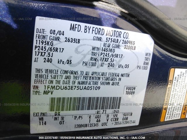 1FMDU63E75UA05109 - 2005 FORD EXPLORER XLT/XLT SPORT/NBX Dark Blue photo 9