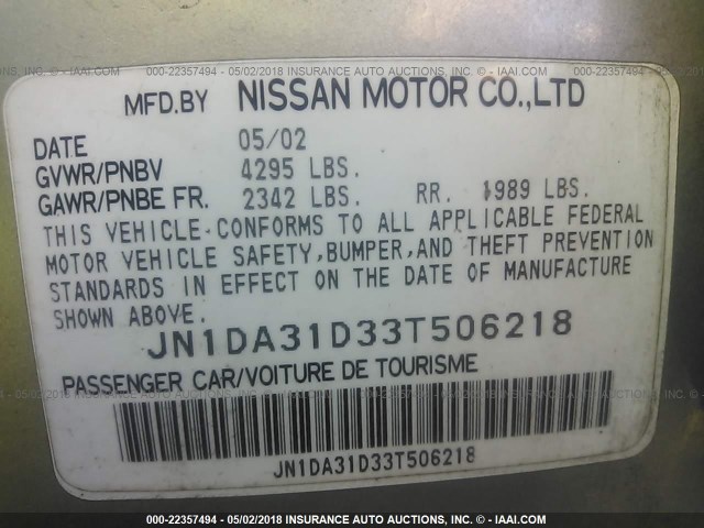 JN1DA31D33T506218 - 2003 NISSAN MAXIMA GLE/GXE/SE SILVER photo 9