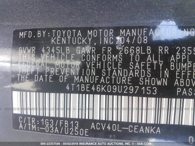 4T1BE46K09U297153 - 2009 TOYOTA CAMRY SE/LE/XLE 灰色 照片 9