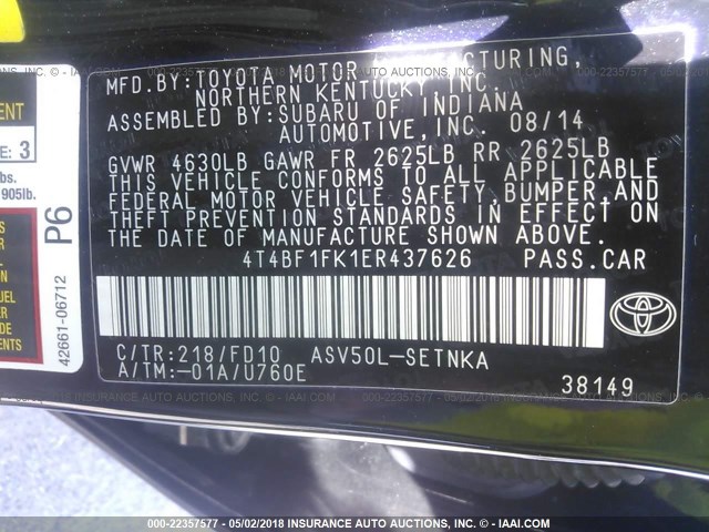 4T4BF1FK1ER437626 - 2014 TOYOTA CAMRY L/SE/LE/XLE 黑色 照片 9