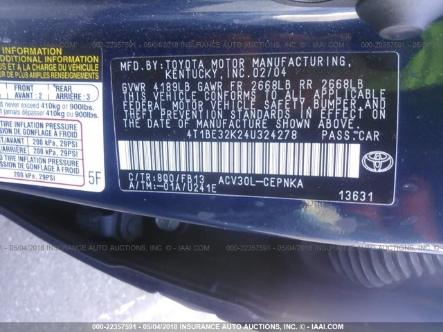 4T1BE32K24U324278 - 2004 TOYOTA CAMRY LE/XLE/SE BLUE photo 9