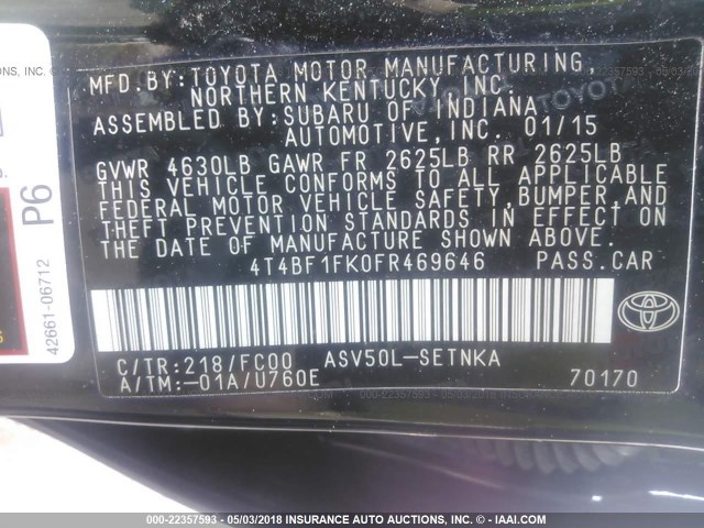 4T4BF1FK0FR469646 - 2015 TOYOTA CAMRY LE/XLE/SE/XSE BLACK photo 9