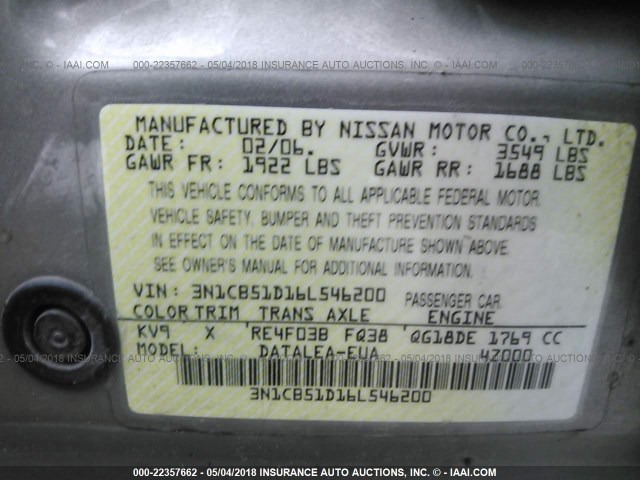 3N1CB51D16L546200 - 2006 NISSAN SENTRA 1.8/1.8S TAN photo 9