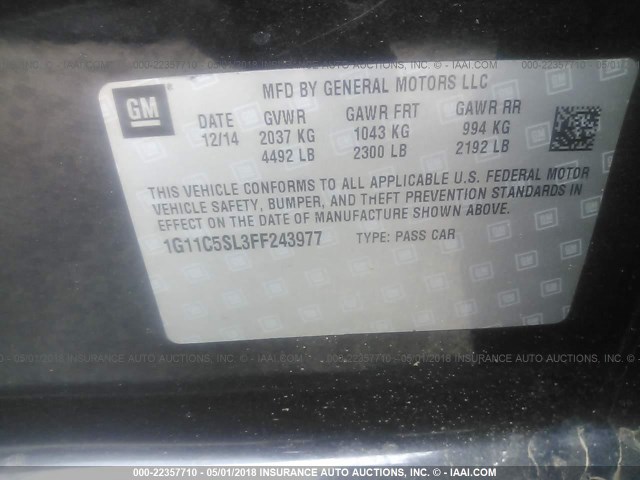 1G11C5SL3FF243977 - 2015 CHEVROLET MALIBU 1LT 黑色 照片 9