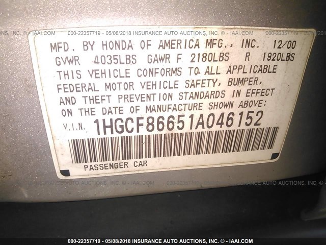 1HGCF86651A046152 - 2001 HONDA ACCORD VALUE GRAY photo 9