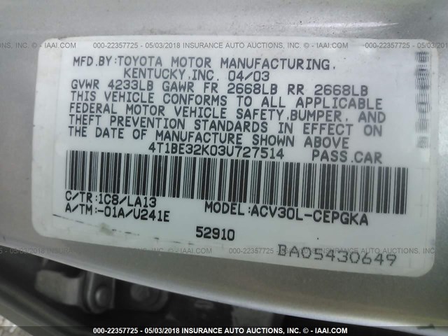 4T1BE32K03U727514 - 2003 TOYOTA CAMRY LE/XLE/SE SILVER photo 9