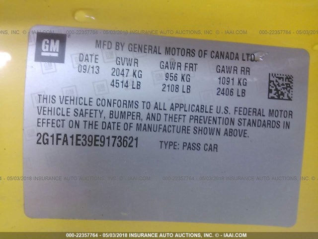 2G1FA1E39E9173621 - 2014 CHEVROLET CAMARO LS YELLOW photo 9