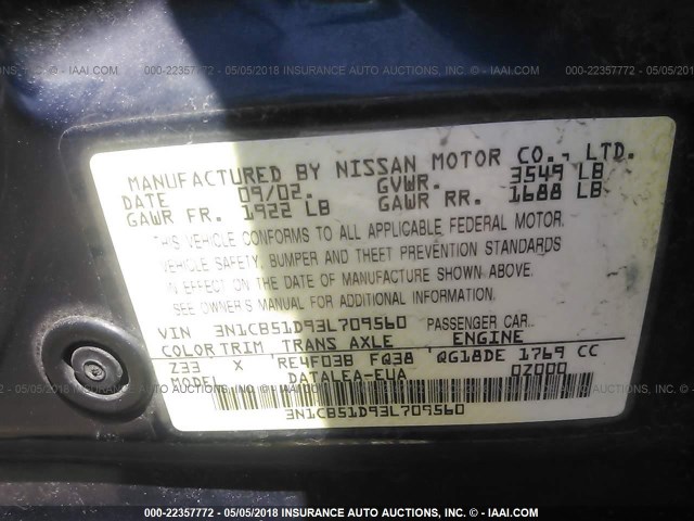 3N1CB51D93L709560 - 2003 NISSAN SENTRA XE/GXE GRAY photo 9