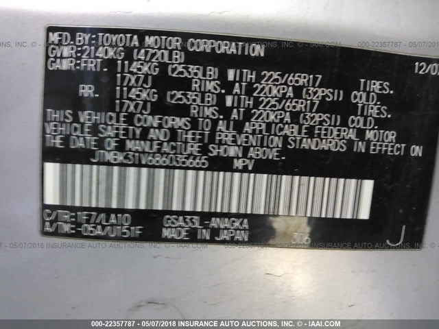 JTMBK31V686035665 - 2008 TOYOTA RAV4 LIMITED SILVER photo 9