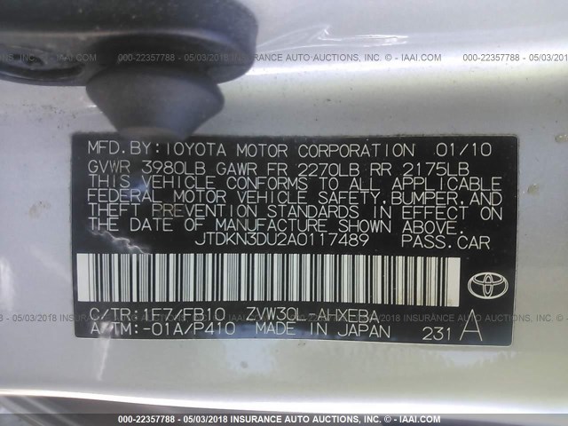 JTDKN3DU2A0117489 - 2010 TOYOTA PRIUS SILVER photo 9