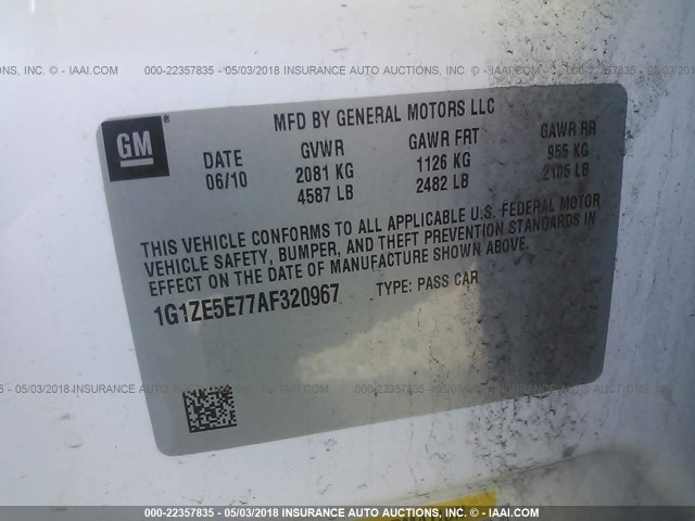 1G1ZE5E77AF320967 - 2010 CHEVROLET MALIBU LTZ 白色 照片 9