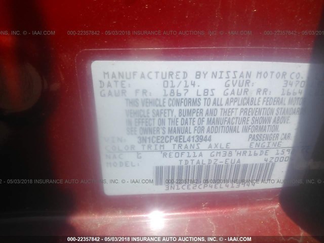 3N1CE2CP4EL413944 - 2014 NISSAN VERSA NOTE S/S PLUS/SV/SL RED photo 9
