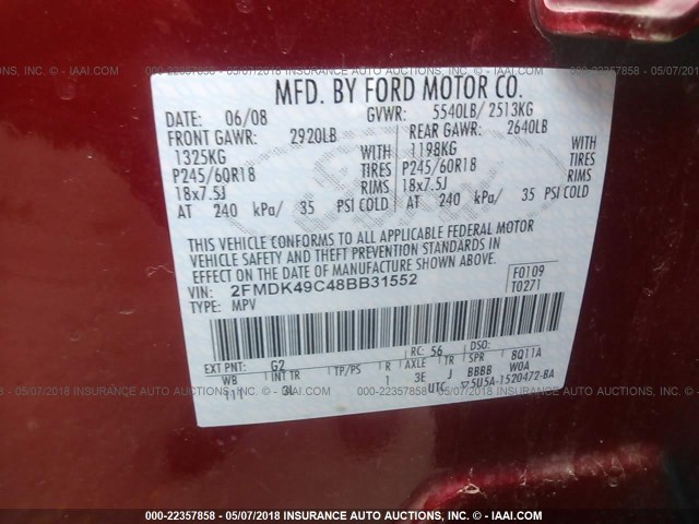 2FMDK49C48BB31552 - 2008 FORD EDGE LIMITED RED photo 9